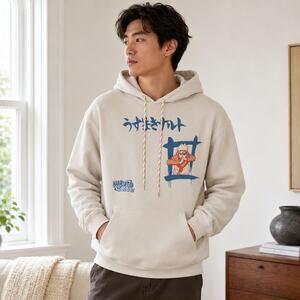 Naruto Shippuden Men’s Medium Cream Graphic Hoodie Anime Manga Pullover